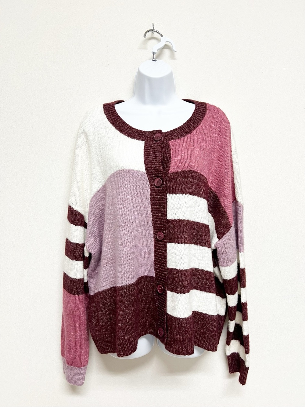Lane Bryant Womens Plus Maroon Colorblock Classic Long Sleeve Button Front Cardi